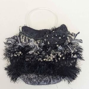 Black Boiled Wool Frilly Lady's Evening Bag Purse w Acrylic Handle & Crystals